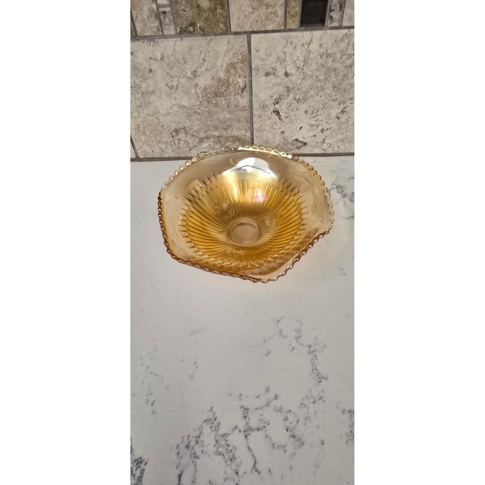 Vintage Marigold Carnival Glass Footed Bowl Iridescent Ruffled Edge 7.5"